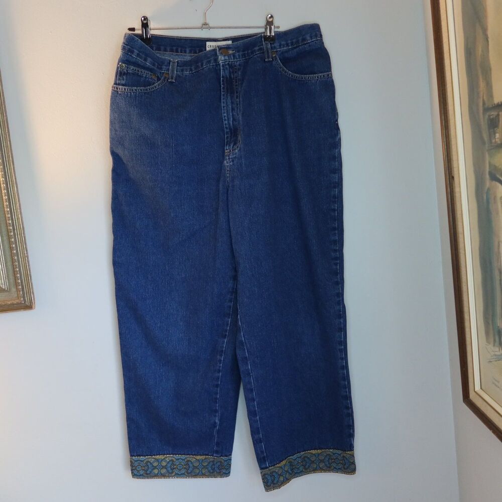 Crossroads Womens Size 12 Blue Denim Cropped Jeans Tapestry Trim Hem Capri